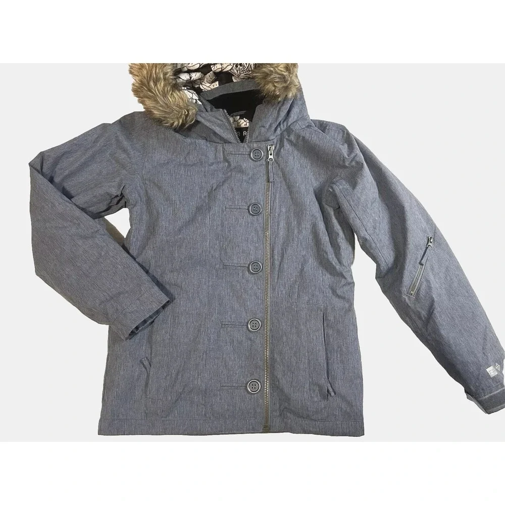 PWDR Room Blue Youth Girl Large Heathered Faux Fur Hood Ski Winter Snowboard Coa